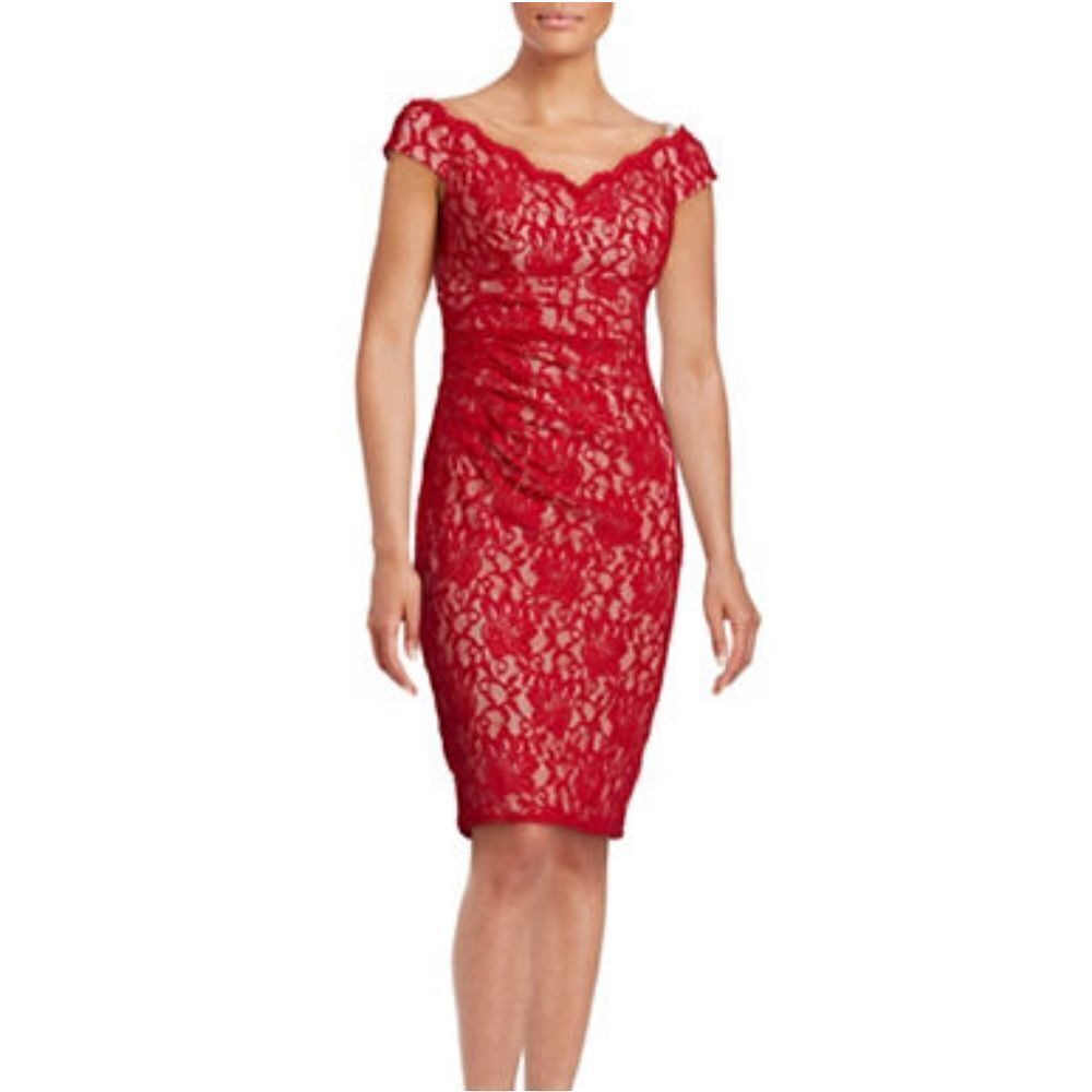 Xscape Off-the-Shoulder Lace Dress-RED-6
